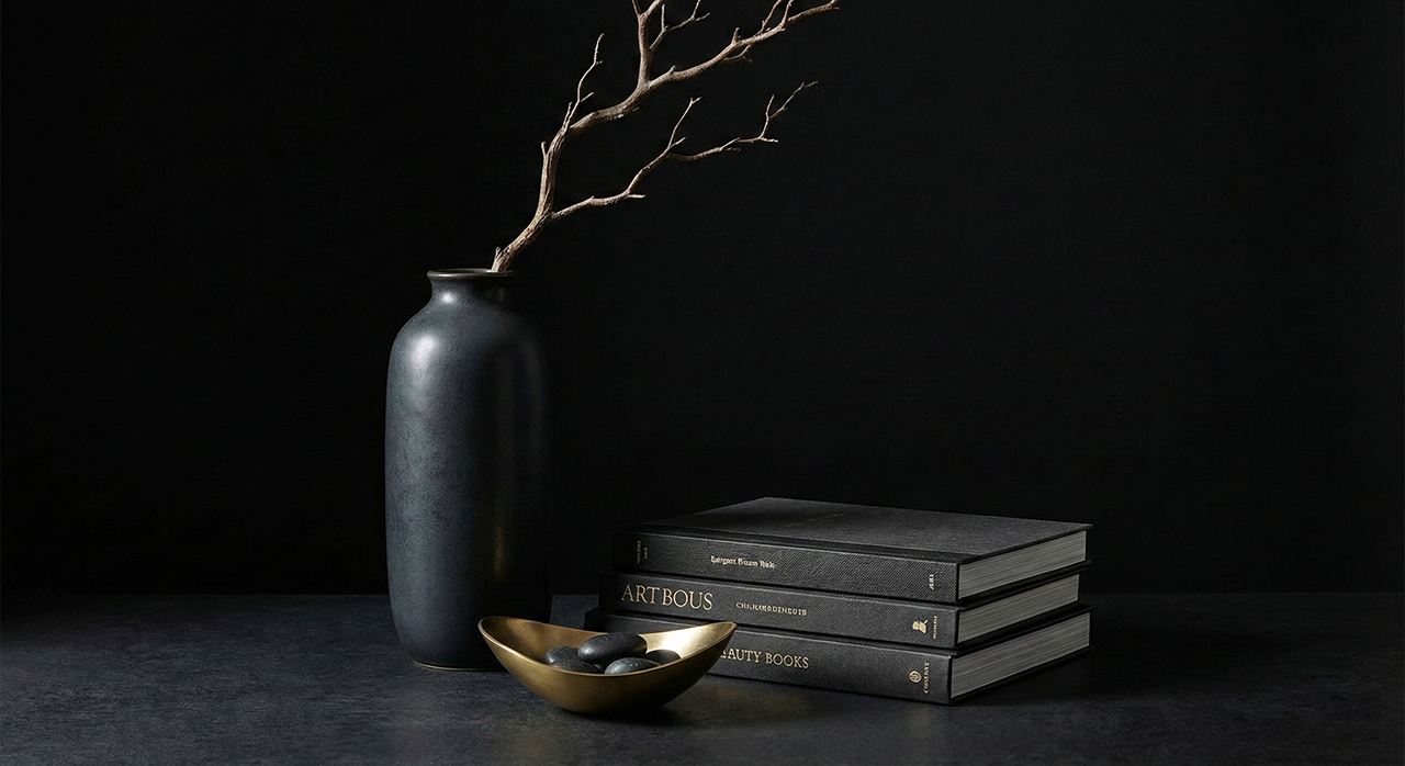 Fotografía realista de diseño de interiores sobre fondo negro que demuestra la regla del 3: jarrón, libros y cuenco dorado.