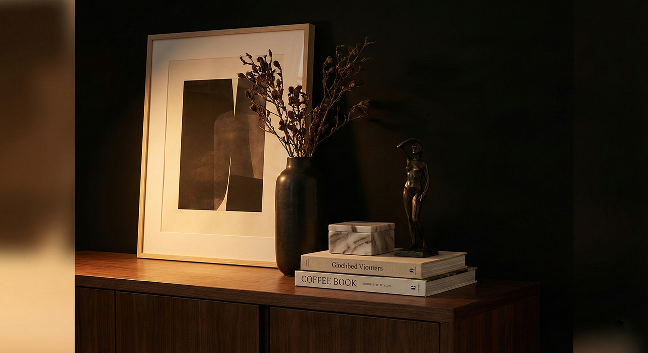 Fotografía realista de interiorismo con luz cálida sobre fondo oscuro, demostrando la regla del 5 con una composición curada de cuadro, jarrón, libros apilados, caja de mármol y escultura de bronce en un aparador.