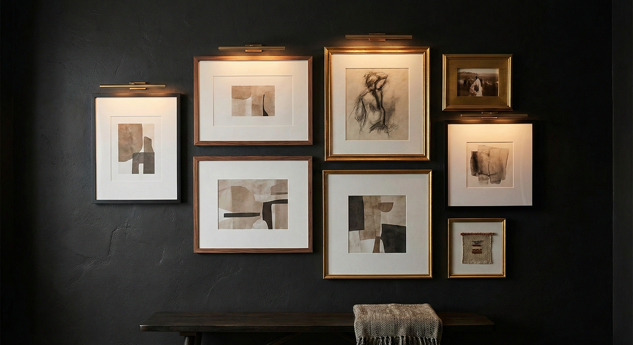 Fotografía realista de una 'gallery wall' sobre pared oscura, mostrando una composición equilibrada de 7 cuadros con marcos variados e iluminación cálida superior. Ejemplo del impacto de la regla del 7 en diseño de interiores.